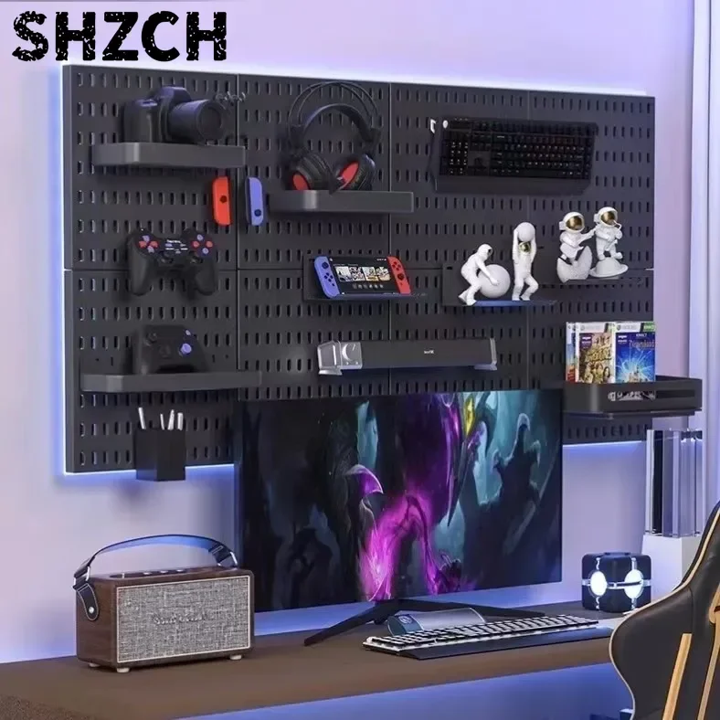 DIY Black Storage Rack Pegboard Wall Organizer Panel Shelves for Gamer Room Bathroom Kitchen - Home Organization Accessories