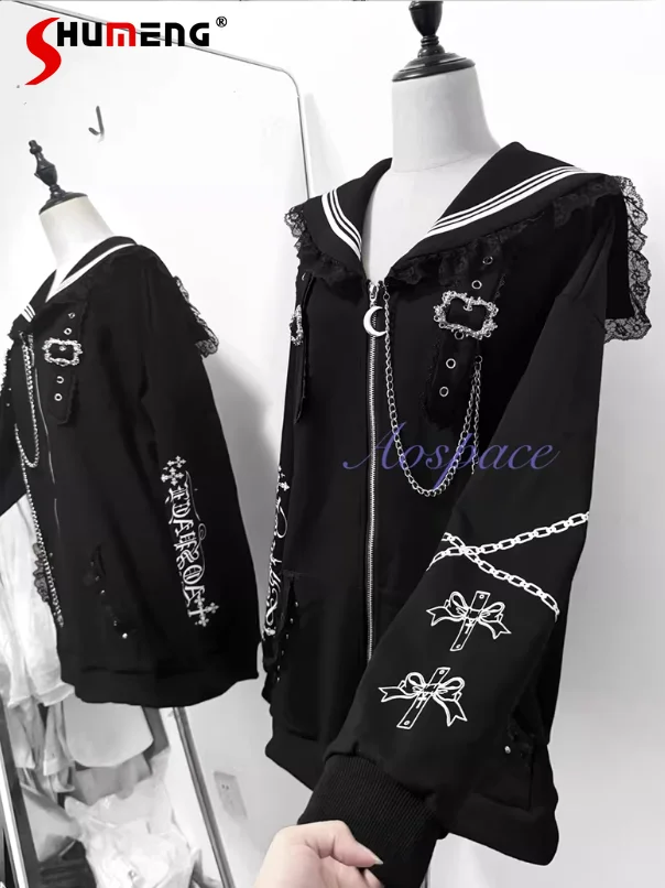 

Оригинальные модные куртки в стиле панк для девушек: весенне-осенние женские пальто оверсайз с темно-синим воротником и кружевным принтом