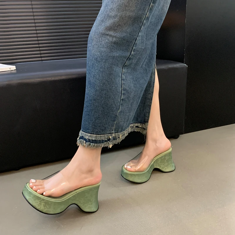 

Green Platform Heels Slippers PVC Transparent Wedges Sandals For Women Leisure Beach Shoes Summer Black Sandalias De Mujer