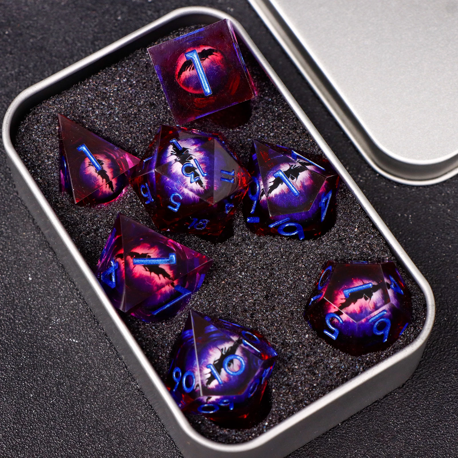 Dragon's eye resin dice,7PCS  purple Liquid Core Dice Set, Sharp Egde polyhedral d and d dice