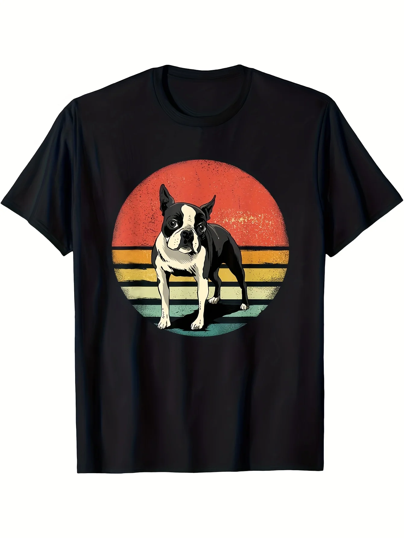 1pc, Men's Vintage Boston Teddy Love T-Shirt - Black, Colorful Stripes and Sunset Design, Short Sleeve, Round Neck, T-Shirt, Sui