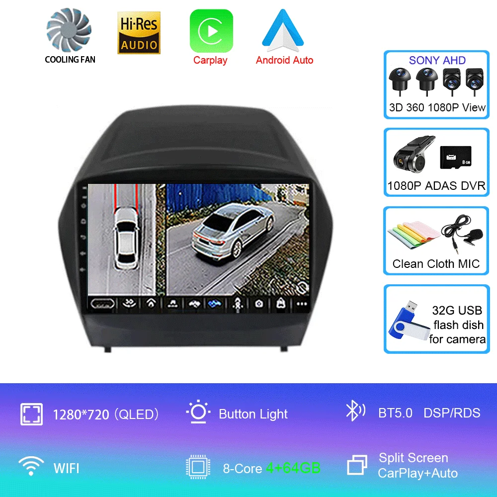 Android 16 Carplay autoradio voor Hyundai Tucson 2 LM IX35 2009-2015 navigatie GPS multimediaspeler WiFi stereo BT 360 camera