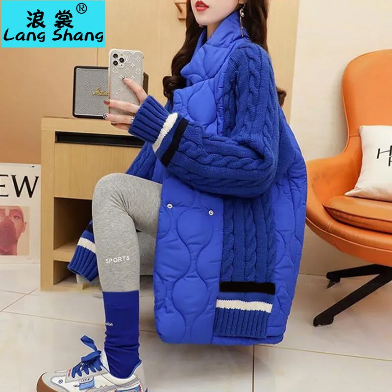 

Loose temperament and slimming 2025 new Klein blue cotton jacket spliced sweater for women's autumn and winter thick outer wear