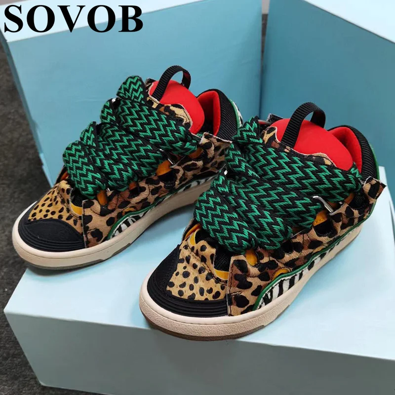 

Spring Autumn Leopard Pattern Fashion Flat Shoes Genuine Leather Lacing Thick Sole Casual Shoes Versatile Board Shoes Unisex