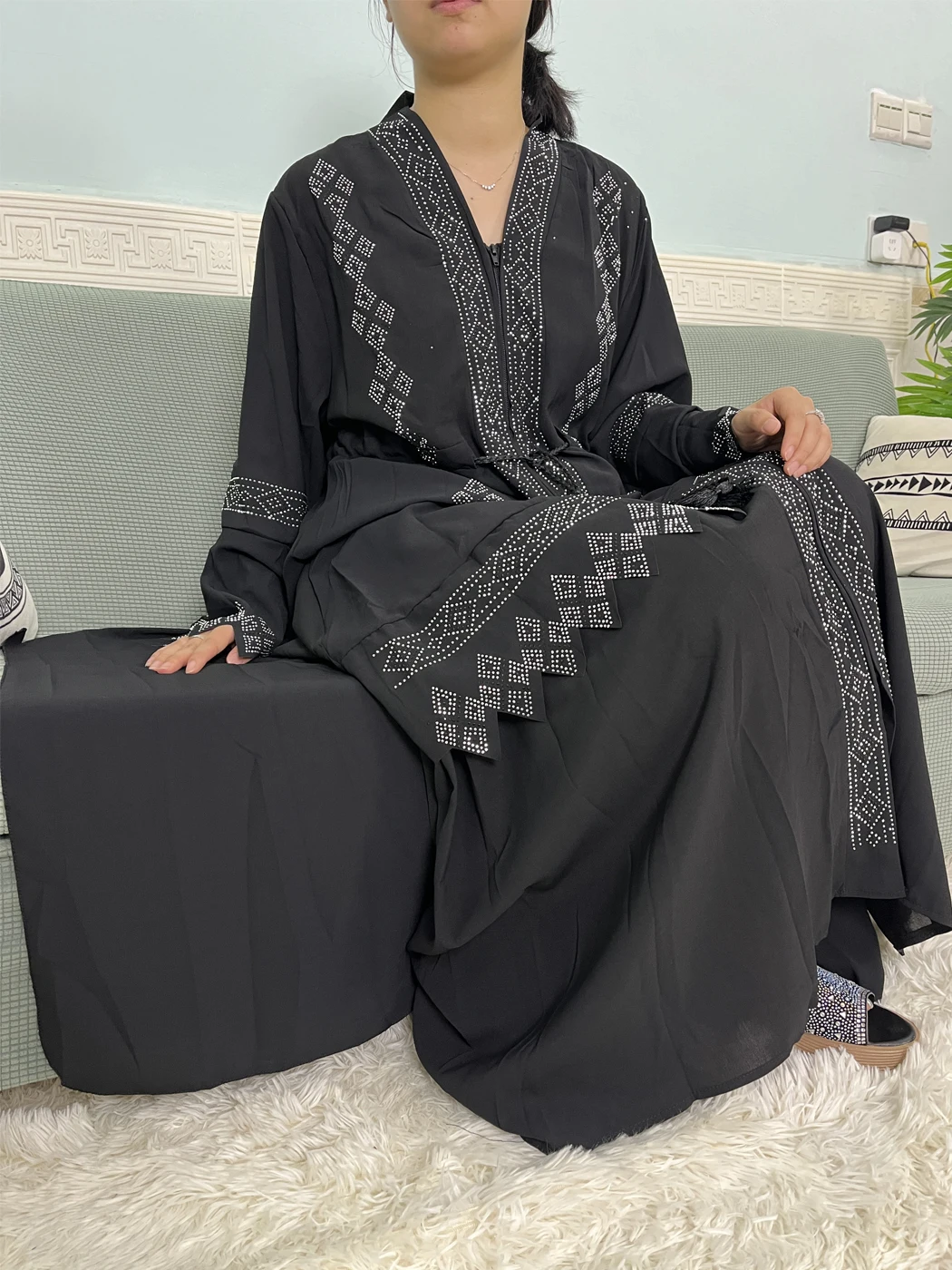 Muslim Open Abayas For Women Dubai Chiffon Set Auger V-neck Fashion Design Boubou Loose Femme Robe Party Dresses With Headscarf