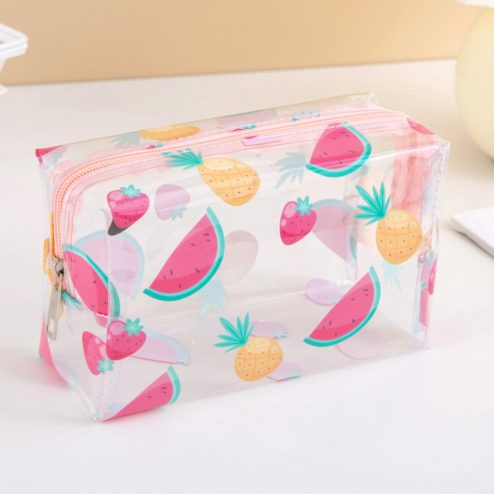 Summer Cute Waterproof Clear printing Cosmetics Bag PVC Zippered Toiletry Carry Pouch  for  Beach Swimming Travel