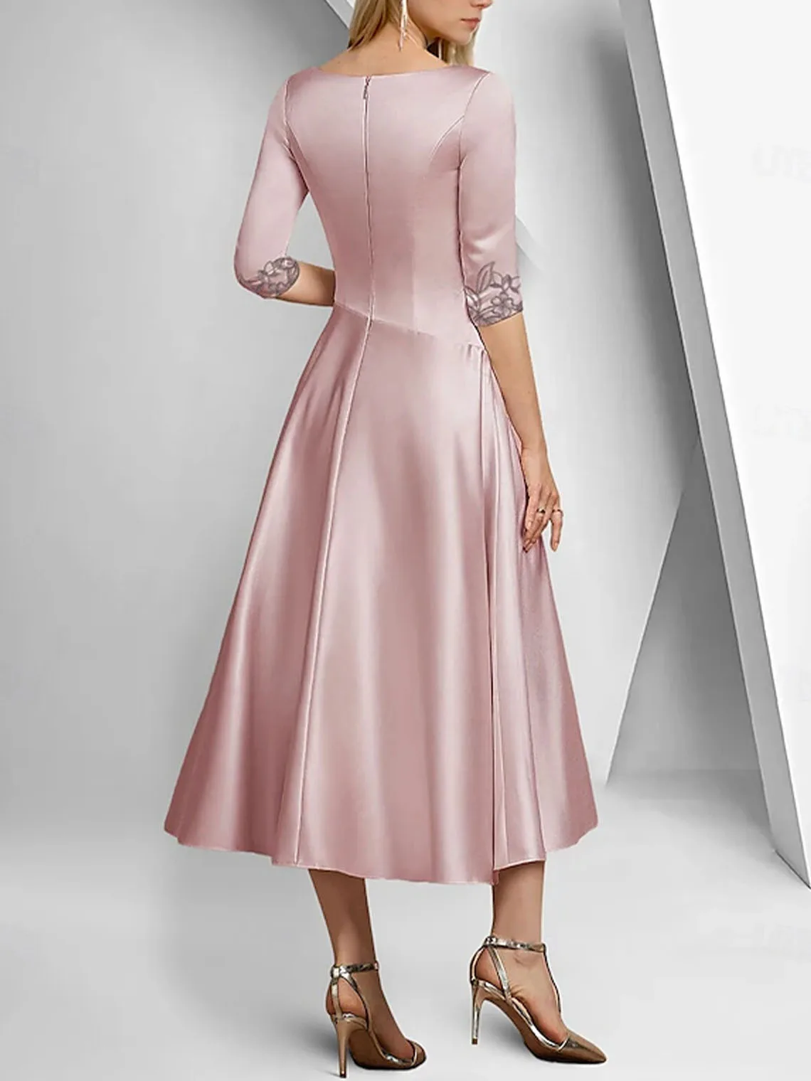 Elegant Fashions A-Line Evening Dress Satin V Neck Tea-Length 3/4 Sleeve Appliques Wedding Guest Dress 2025 free customized