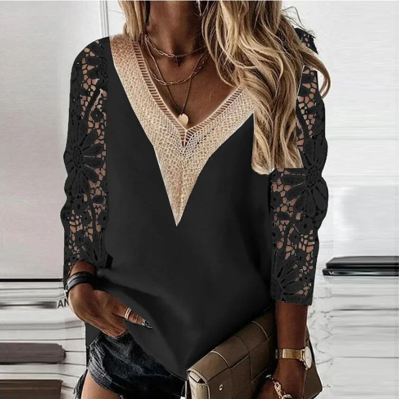 Spring Autumn V-neck Lace Office Lady Blouse Fashion Long Sleeve Hollow Chiffon Shirt Casual Tops Loose Clothes Blusas 25948