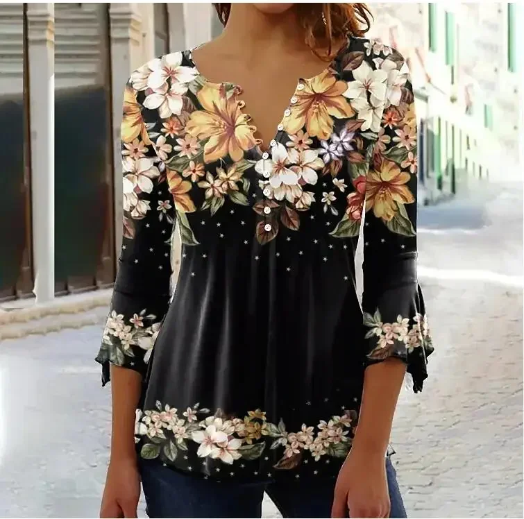 Women's Shirt Blouse Light Blue White Pink Floral Button Print 3/4 Length Sleeve Casual Holiday Basic V Neck Regular Floral