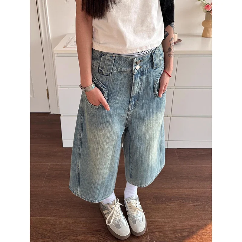 Vaqueros Cargo azules Vintage Y2k de los años 90 para mujer, pantalones cortos holgados de gran tamaño Harajuku, ropa de calle, Capris Retro americano