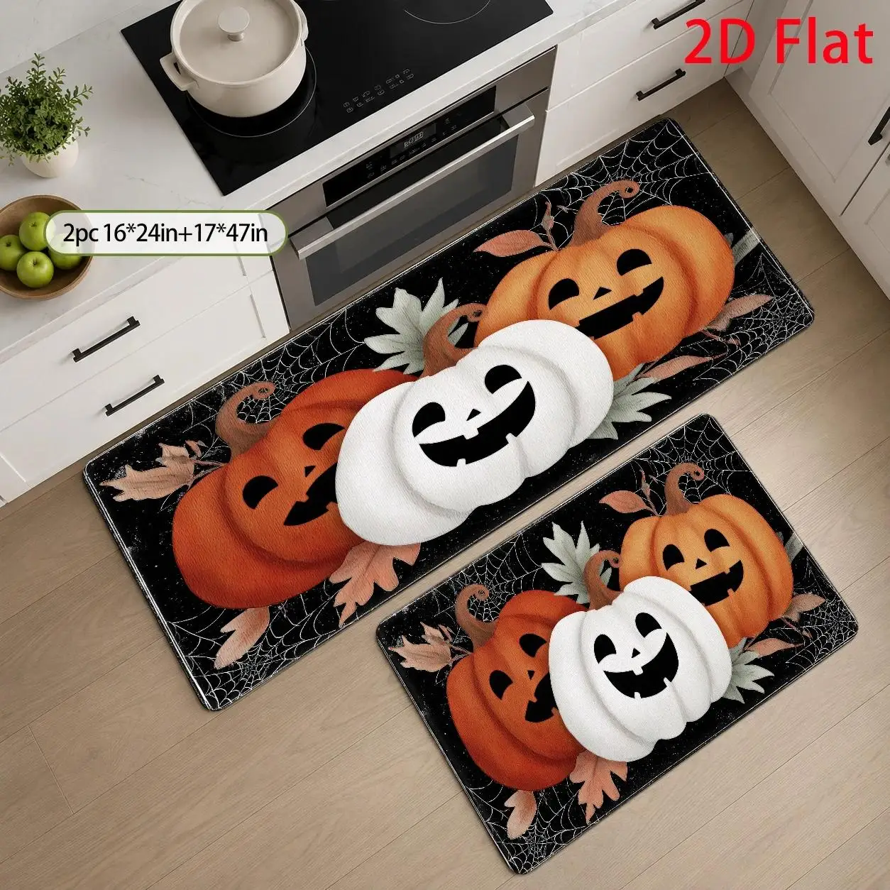 1pc, 2pcs, 3pcs, 2D Flat Kitchen Floor Mat Set, Halloween Pumpkin Floor Mat, Colorful Pumpkin Tribal Kitchen Mat, Easy-to-Clean Decorative Kitchen Mat, Suitable for Kitchen, Bathroom, Laundry Room, Dining Room, And Living, 2D Flat