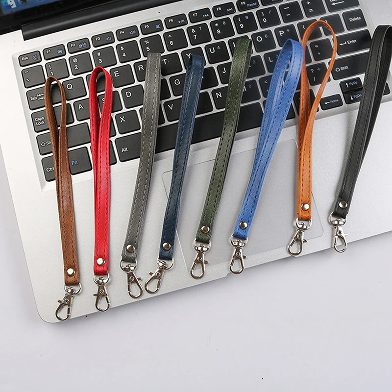 Cowhide Flat Fine Grained Mobile Phone Case Hanging Rope Wrist Strap Universal Wrist Strap Solid Color Leather Metal Keychain