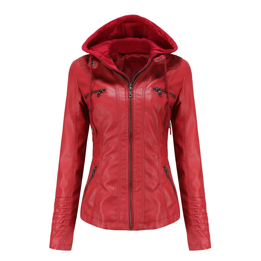 Chaqueta de cuero con capucha para mujer, conjunto de dos piezas, desmontable, talla grande, novedad de 2024