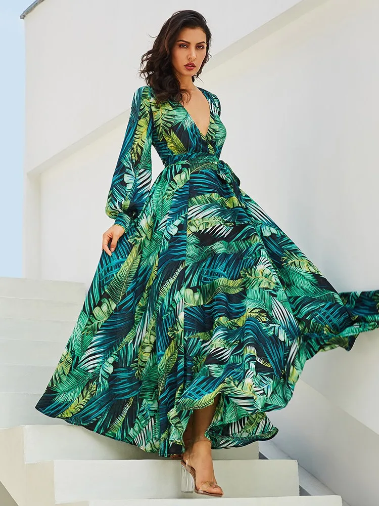 Women\'s 2024 Autumn New Lantern Sleeves Sexy Deep V Fashion Printed Dress Green Leaf Strap Waist Ankle Long Dress