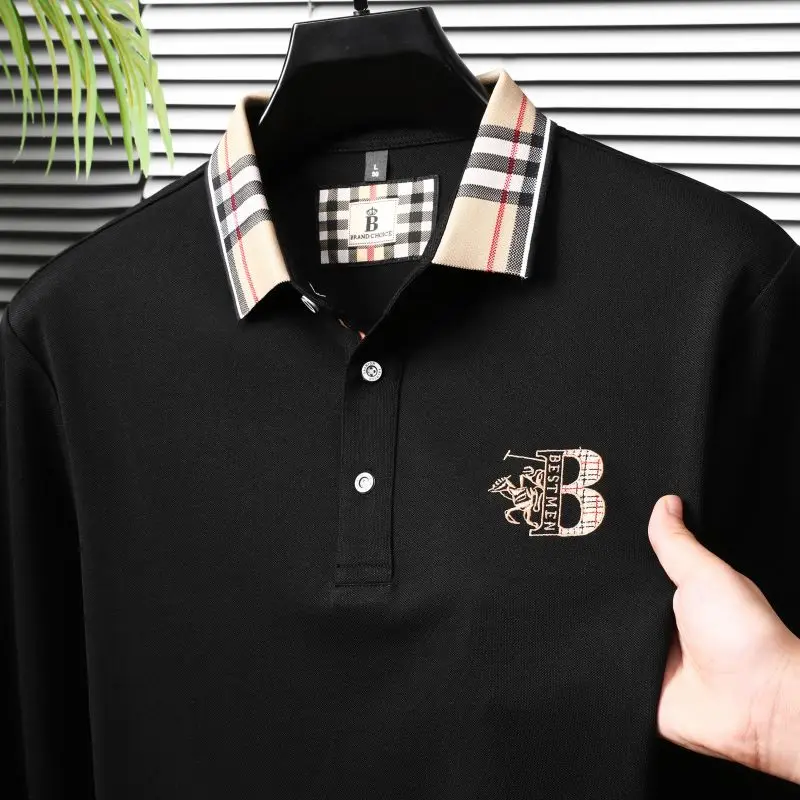 Autumn and Winter New Cotton Long Sleeved Men\'s Polo Shirt Lapel T-shirt Designer Chest Badge Embroidery Thin Breathable Top