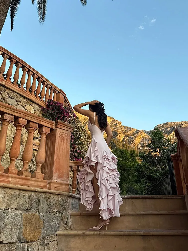 Lightpink cetim plissado maxi vestido feminino decote profundo sem mangas sereia cabido robe 2025 novo verão jardim festa senhora vestidos