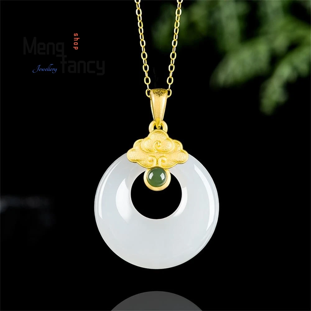 

Natural Material Hetian Jade White Jade Peace Button Jade Ring Pendant Genuine S925 Silver Inlaid Jade Pendant Necklace Female