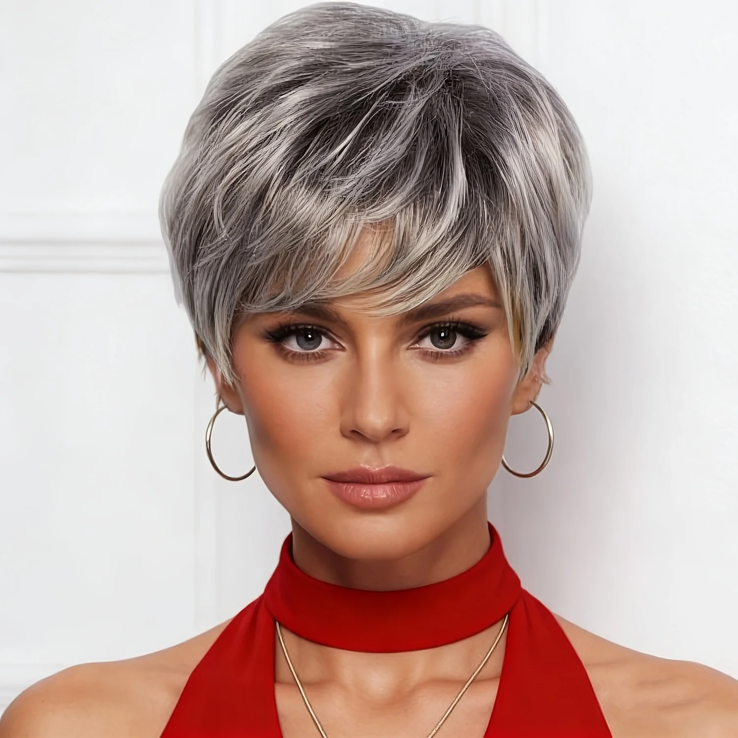 Women's Short Gray-Silver Wig with Natural Layered Elf-Style Bob and Bangs, Instant-On Synthetic Short Gray Hair Wig