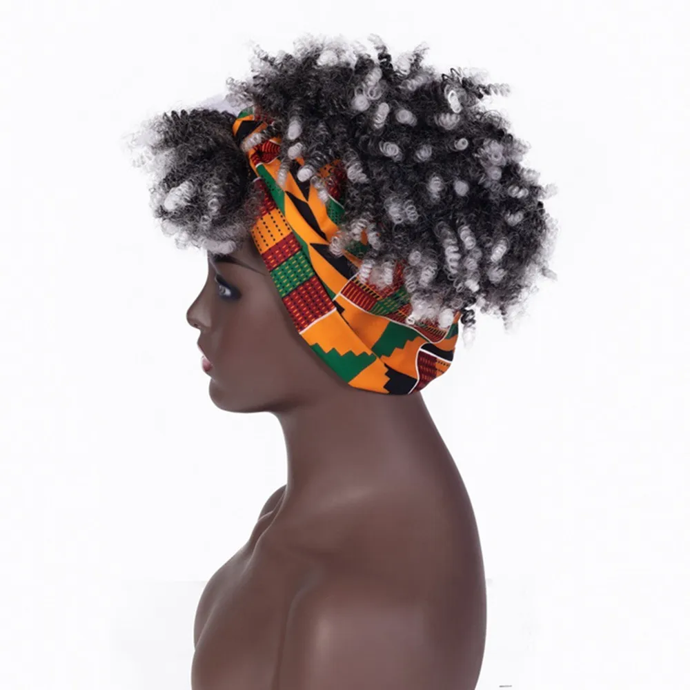 Fashion Gradient Black Color Afro Kinky Curly Wig with Bangs Small Curly Short Headscarf Wig for Black Women Synthetic Hair