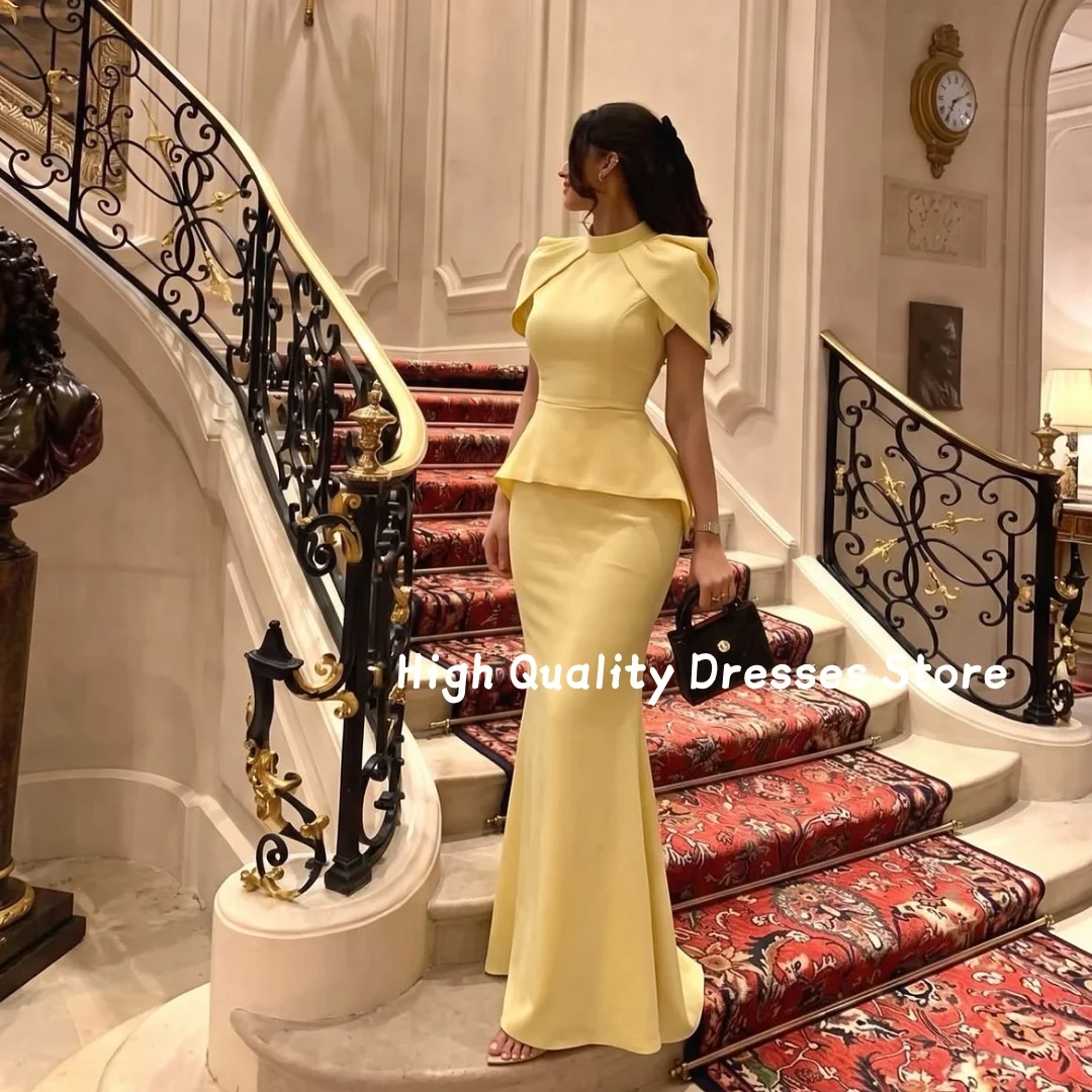 Evening Dresses Yellow Mermaid Formal Gown High Neck Puff Sleeve Peplum Design Wedding Guest Gala Banquet Party Customized