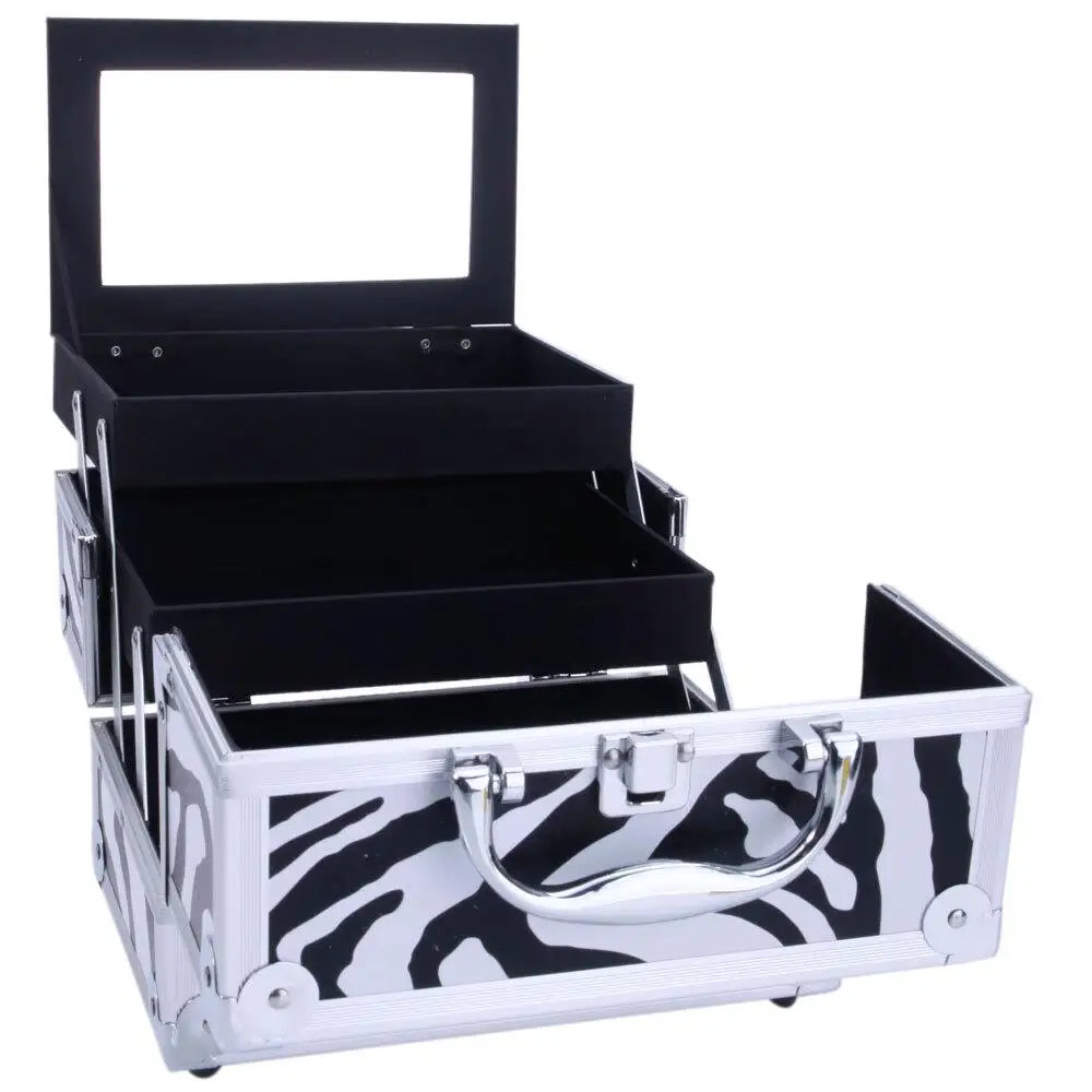 SM-2176  Zebra Aluminum Makeup Train Case Jewelry Box Cosmetic Organizer with Mirror - 9x6x6