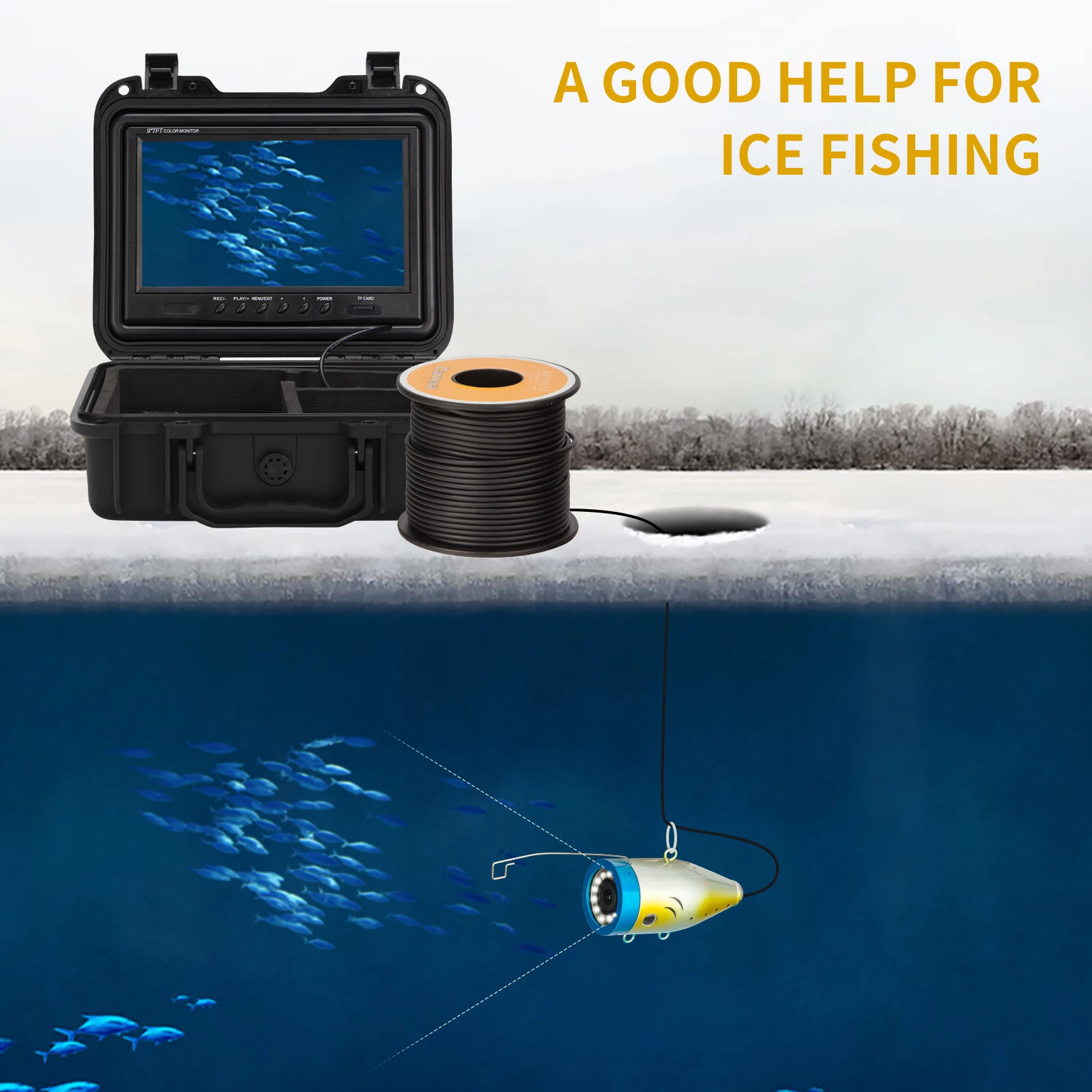 SYANSPAN DVR 9" Monitor Video Camera IP68 Waterproof HD 1200TVL 24 LEDs Infrared/White Light Deep Well Underwater Exploration