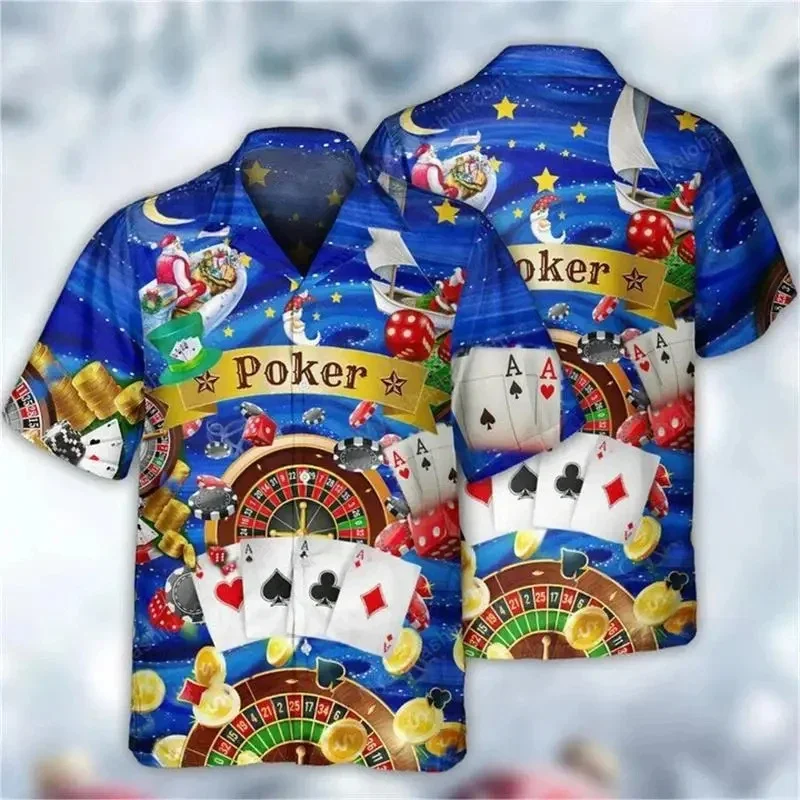 Casino Poker Dice Pattern Beach Shirt For Men Money 3D Printed Hawaiian Shirts Holiday Short Sleeve Lapel Top Loose Women Blouse