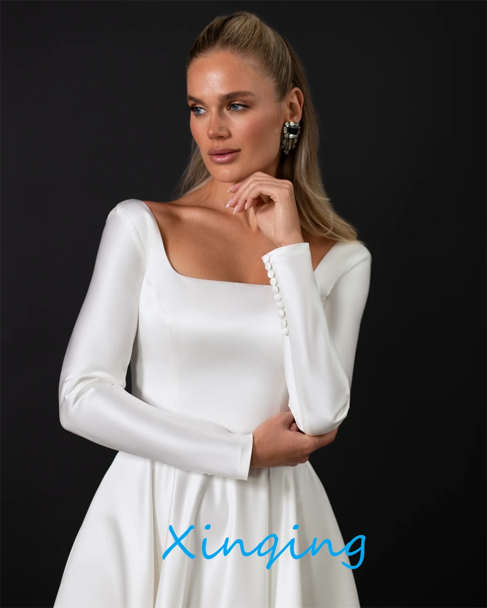 Customized Romantic Wedding Dresses Luxury Square Collar Long Sleeves Heavy Industry Wedding Dresses Special Occasion Gowns