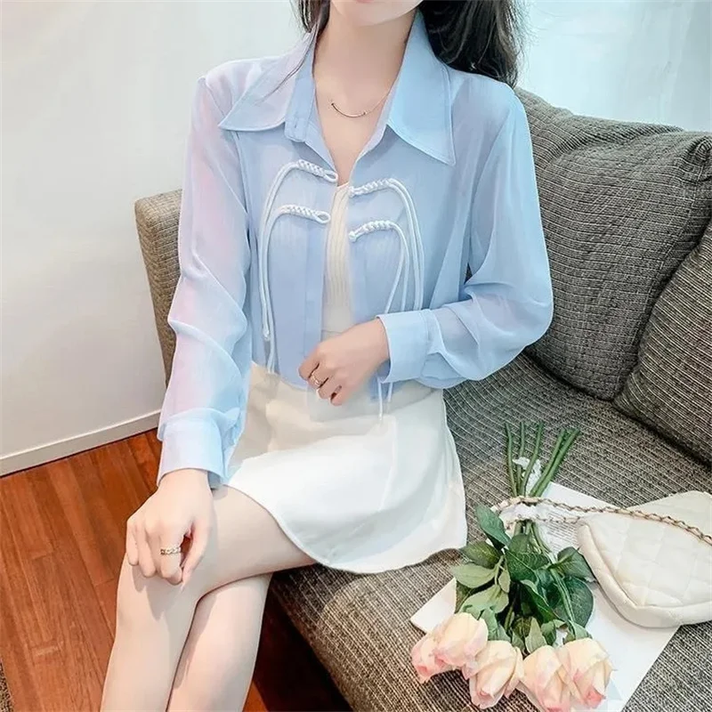 Sunscreen Clothing Women's Summer 2025 New Thin Chinese Style Shirt Light Long Sleeve Fashion Buckle Chiffon