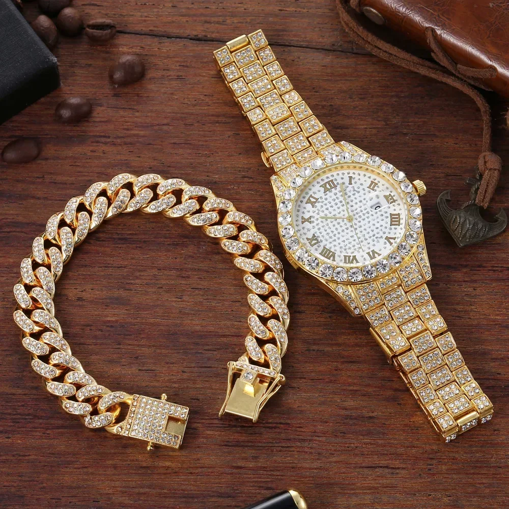 Pulsera cubana de Hip-hop para hombre, banda de acero, reloj de diamantes de imitación, conjunto de reloj de moda para hombre