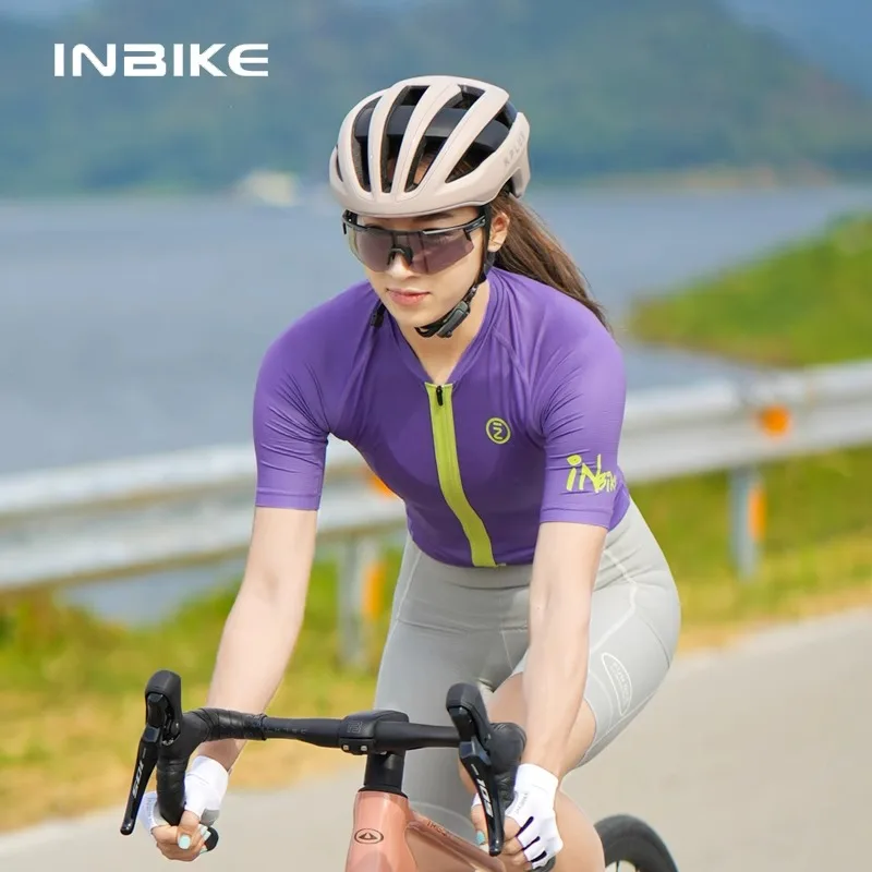 

INBIKE женская спортивная рубашка с коротким рукавом для велоспорта, новинка 2025, дышащий прочный велосипедный трикотаж с задним карманом для верховой езды