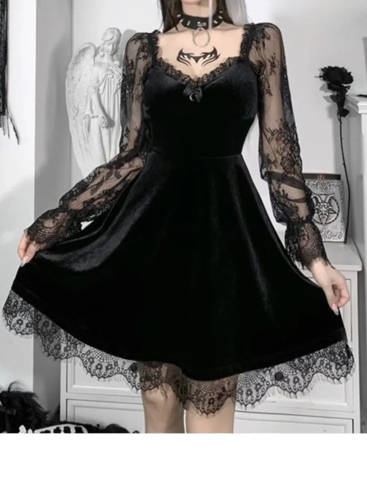 

Woman's Sexy Solid Color Dress Fashion V-neck Lace Trim Long Sleeves A-line Dresses Spring Autumn Ladies Lace Ruffles Vestidos