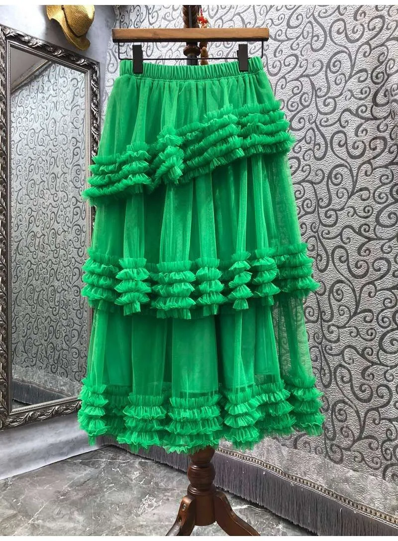 Women's Cascading Ruffles Mesh Ball Gown, Elastic Waist, Casual Party Long Skirt, Solid Color, New Fashion, Summer, 2023