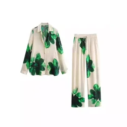 2024 Spring/Summer Set Retro Casual Women's Set Printed Single-breasted Shirt Loose Pants Fashionable Fashion