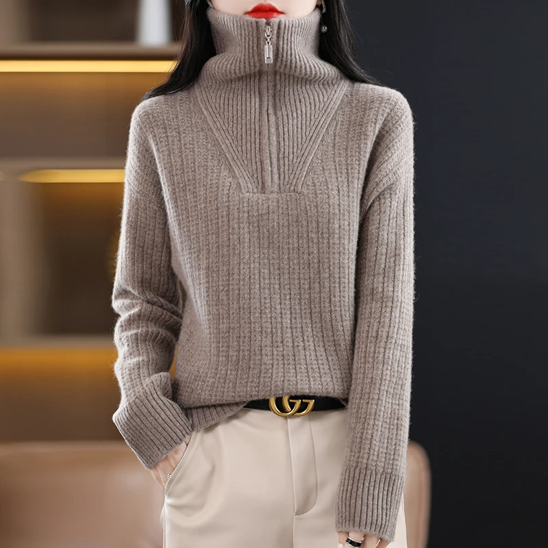 

100% Wool Zipper Casual Fashion New Style Women's Cashmere Turtleneck Loose Pullover Ladies thickening Sweater Christmas