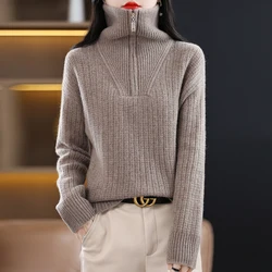 100% Wool Zipper Casual Fashion New Style Women's Cashmere Turtleneck Loose Pullover Ladies thickening Sweater Christmas