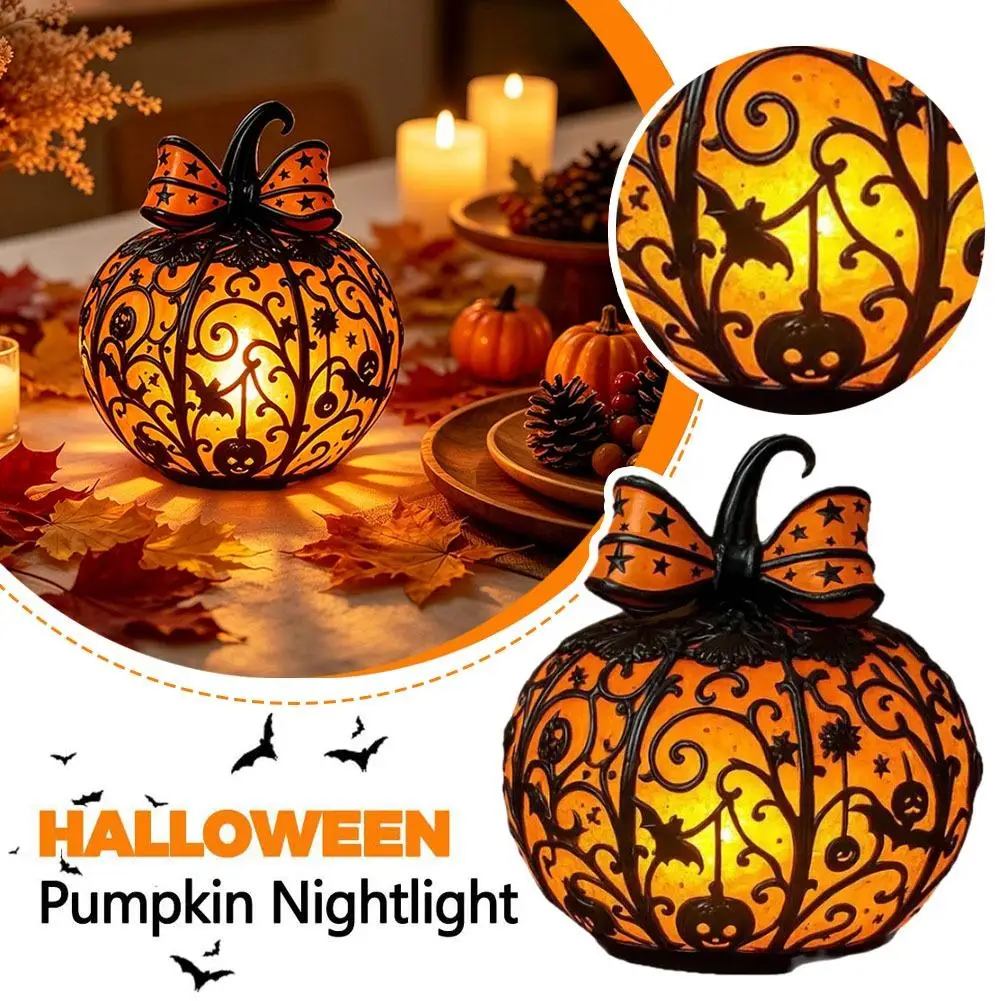 Vintage Halloween Pumpkin Lantern LED Warm Glow Night Light Desktop Ornament for Indoor Party Home Decoration Night Light
