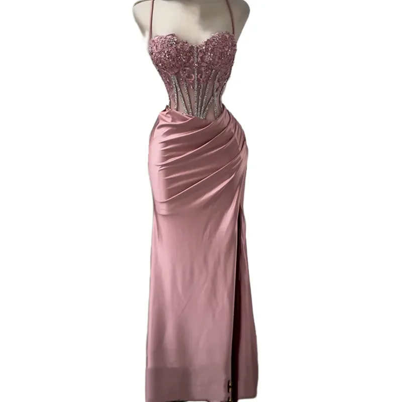 فساتين سهرة أنيقة بحورية البحر بفتحة جانبية، أشرطة سباغيتي للحفلات الراقصة، فستان حفلات مزين بالزهور حسب الطلب