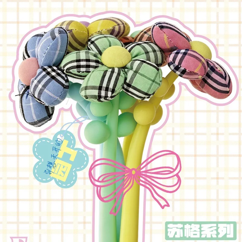 10PCS Factory Direct Sales Macaron Sugar Color Plaid Fabric Flower Neutral Pen Fresh Three-dimensional Sunflower Styling Pen