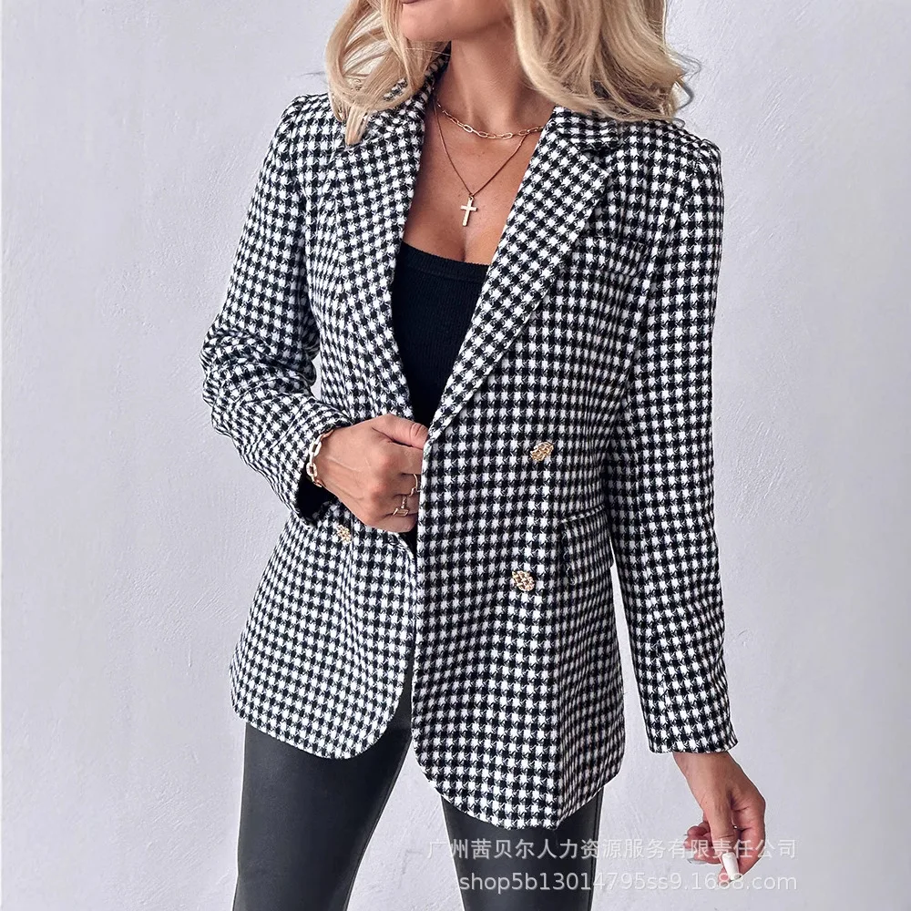 Women Office Smart Jacket Houndstooth Pattern Double Breasted Blazer with Belt