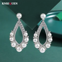 Vintage Court Pearl High Carbon Diamond Drop Earrings for Women Elegant Party Wedding Fine Jewelry Gifts Accessories Statement