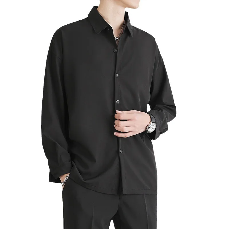 Mens Long Sleeved Shirt Loose Solid Color Shirt Draped Collar Shirt