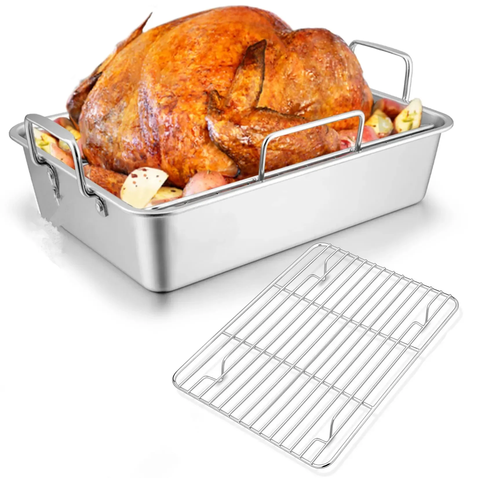Stainless Steel Turkey Roaster Pan with Baking V-Shaped Baking Rack for Roast Chicken Vegetable Baking Roasting Pan 40x30x10CM