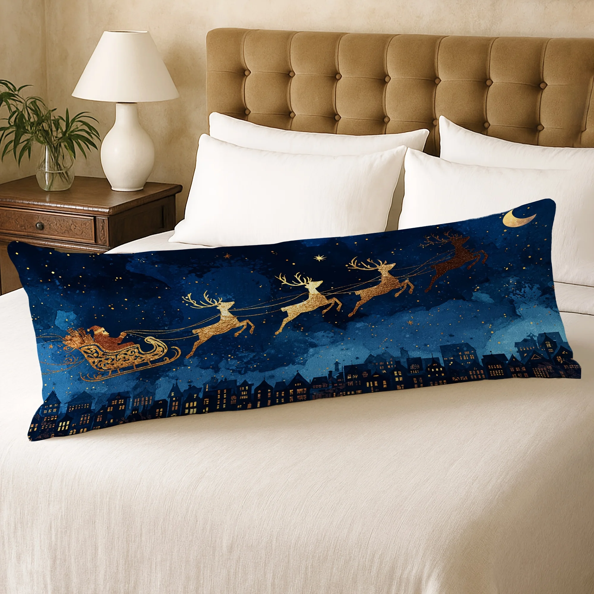 1pc Body Pillow Cover Christmas Decoration Santa Claus Reindeer Night Sky Stars 20*54 Inches Suitable for Living Room Bedroom So