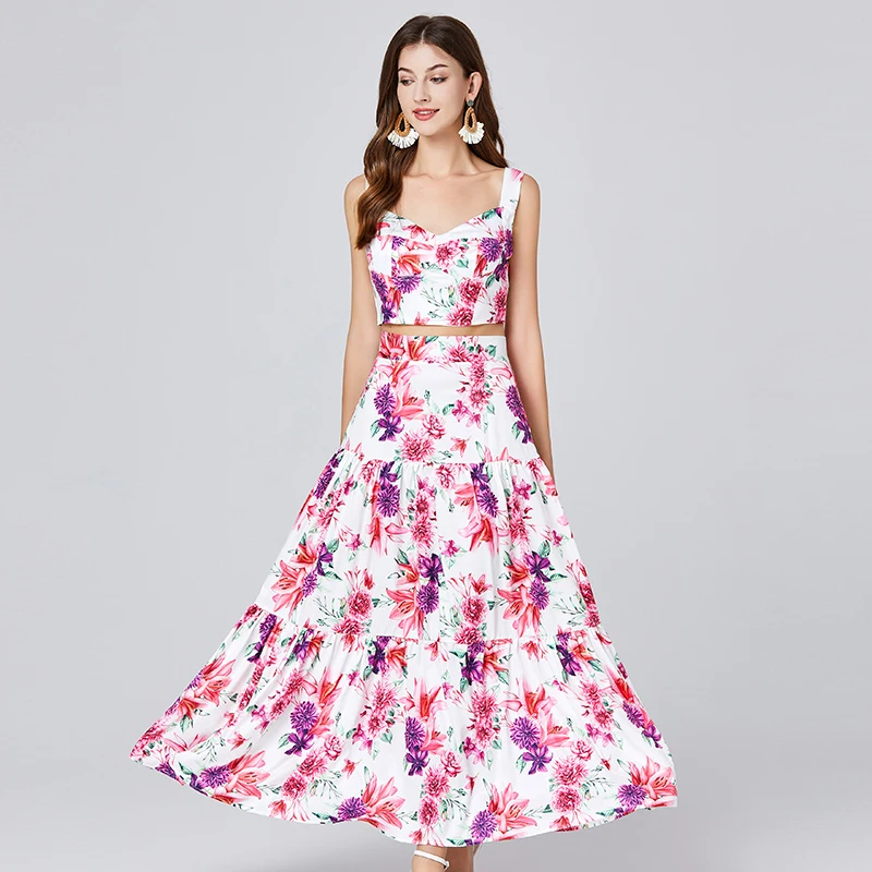 Summer Runway Floral Print Long Dress Set 2 Piece Womens Outfit 2024 Fashion Spaghetti Strap Crop Top and Long Skirt Suit Party