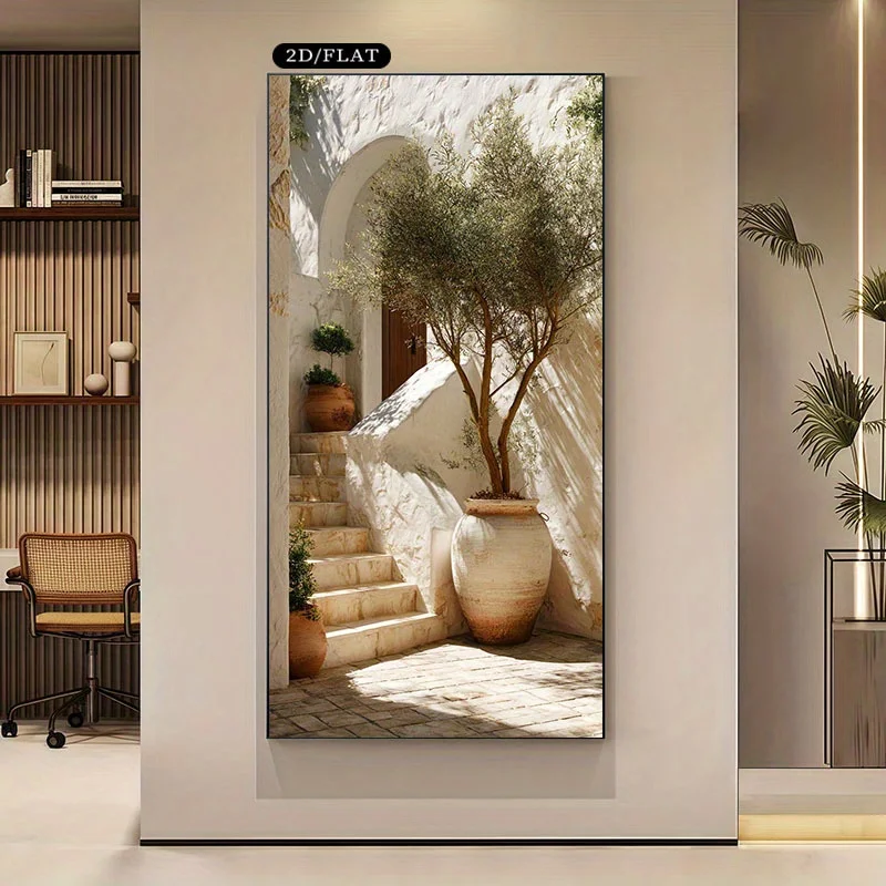 

1pc Large Wall Art Print Olive Tree in Pot on Stone Stairs Canvas Poster for Living Rooms, Bedrooms Decorative Gift, Unframed