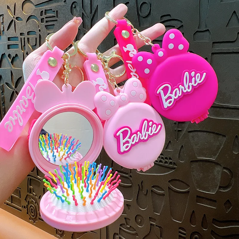 Barbie Keychains Mirror Airbag Comb Keychain Girl Portable Makeup Mirror Bag Pendant Kids Gifts