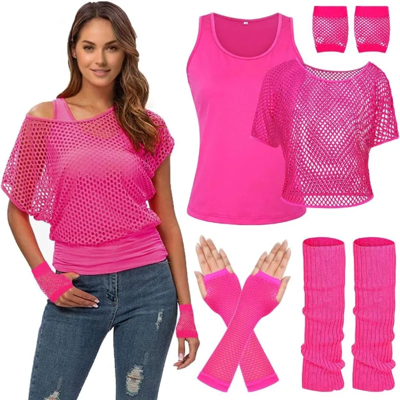 

Ретро-комплект в стиле 80-х: сетчатый топ, перчатки, гетры для карнавала, фестиваля, вечеринки, танцевального костюма