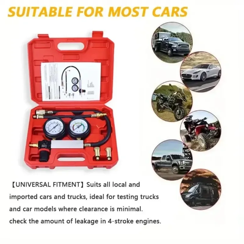 Probador de compresión de motor de gasolina, Kit de Detector de fugas de doble calibre con caja roja, probador de fugas de cilindro de coche TU-21