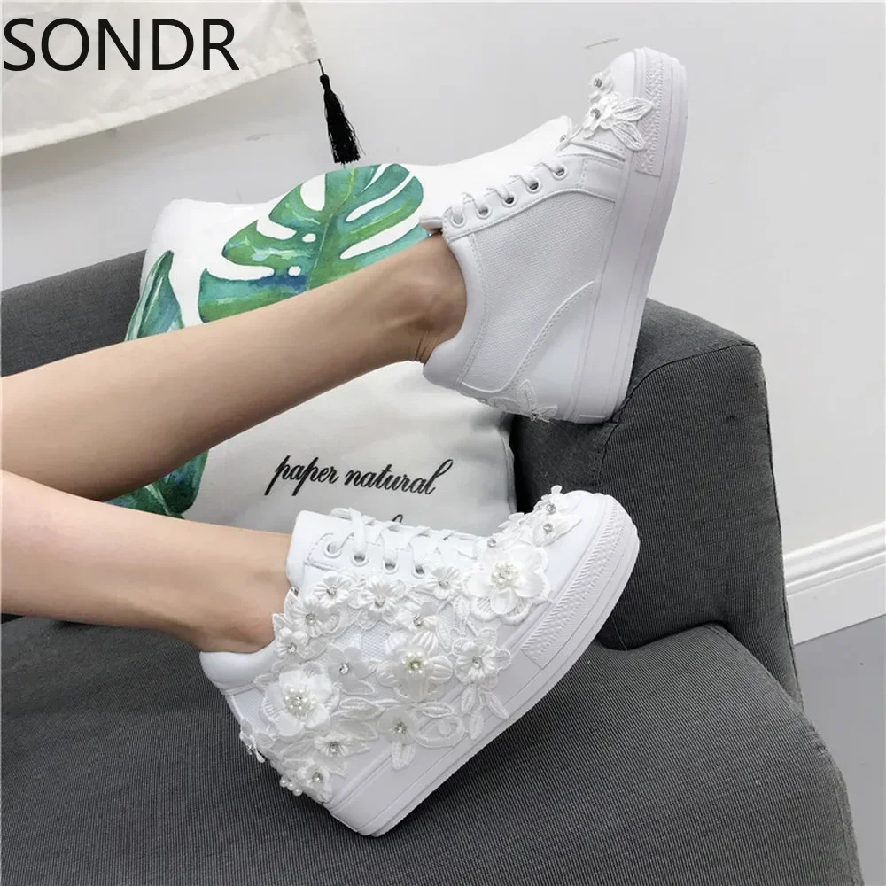 Womens PU Leather Rhinestones Lace Flowers Wedge Hidden High Heel Sneakers Shoes Lace Up Black White Girls New 2024